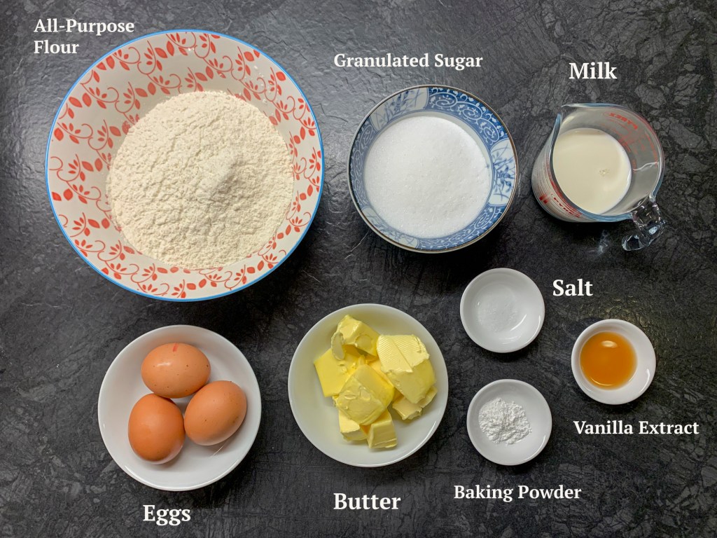 Ingredients for the vanilla cake are all purpose flour, sugar, milk, 3 eggs, butter, salt, baking powder and vanilla extract.